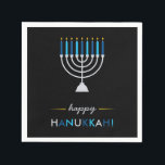 Elegant Happy Hanukkah Black with Silver Menorah Napkin<br><div class="desc">These modern,  elegant Hanukkah napkins feature a silver Menorah with blue and turquoise candles and yellow gold flames on a black background.</div>