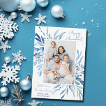 Elegant Happy Hanukkah Blue Botanical Family Photo Holiday Card<br><div class="desc">Beautiful blue watercolor botanical leaves spring out of your vertical Jewish family photograph for a Happy Hanukkah. Personalise this elegant Chanukah photo card with a 2nd horizontal picture on the back.</div>