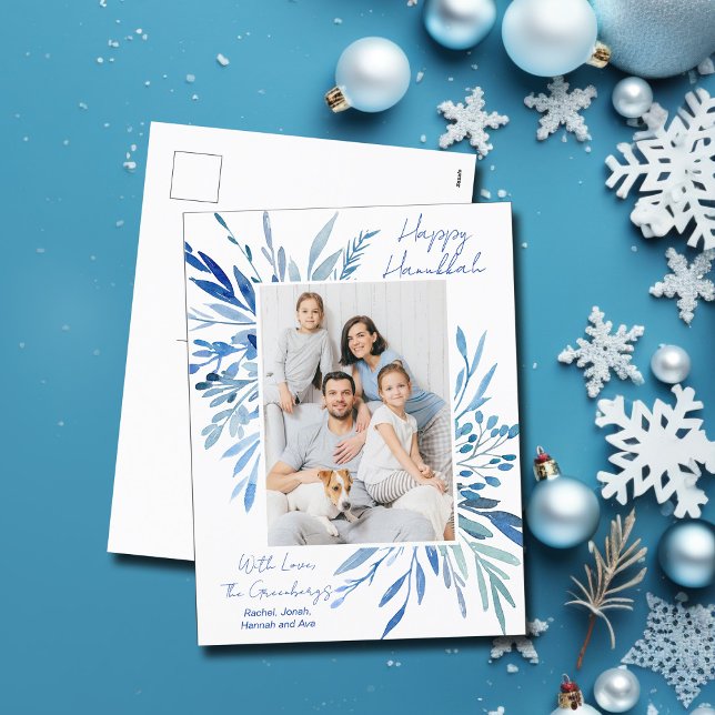 Elegant Happy Hanukkah Blue Botanical Family Photo Holiday Postcard (Creator Uploaded)