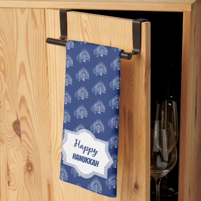 Elegant Happy Hanukkah Blue Menorah Pattern Tea Towel (Thirds Fold)