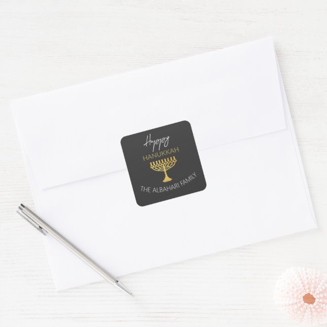 Elegant Happy Hanukkah Golden Menorah Square Sticker (Envelope)