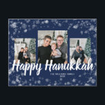 Elegant Happy Hanukkah Postcard<br><div class="desc">Elegant Happy Hanukkah Postcard. This elegant postcard features a festive frame overlay of white snowflakes with white text on a navy blue background with a photo collage of 3 images. The back includes a 4th photo and additional text for personalising.</div>