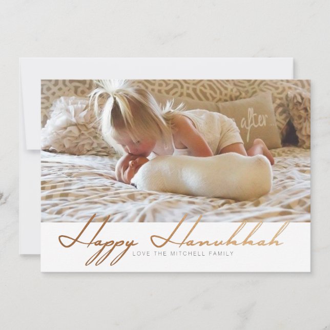 Elegant Happy Hanukkah | Rose Gold Photo Holiday Card (Front)