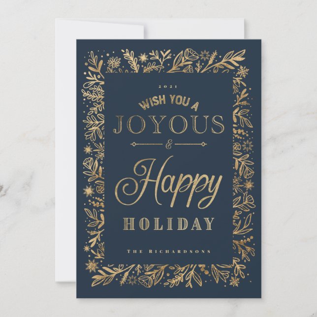 Elegant Happy Holiday Gold Foliage & Snowflakes (Front)