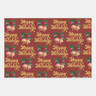 Elegant Happy Holidays Bells Wrapping Paper – Red