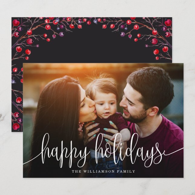 Elegant Happy Holidays Berries Back Photo White Holiday Card (Front/Back)