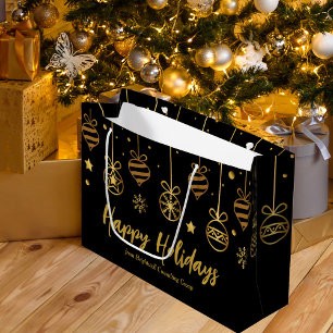 Elegant Happy Holidays Black Gold Custom Business Large Gift Bag