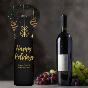 Elegant Happy Holidays Black Gold Custom Business Wine Bag