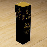 Elegant Happy Holidays Black Gold Custom Business Wine Box<br><div class="desc">Customise your chic corporate holiday gifts with this elegant gold cursive script underneath an graphic of Christmas ornaments. The elegant typography on modern black wine box adds a classy touch to custom business Christmas presents. Personalise this gift with your company name.</div>