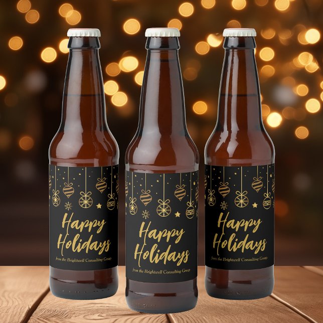 Elegant Happy Holidays Black Gold Custom Party Beer Bottle Label (Creator Uploaded)