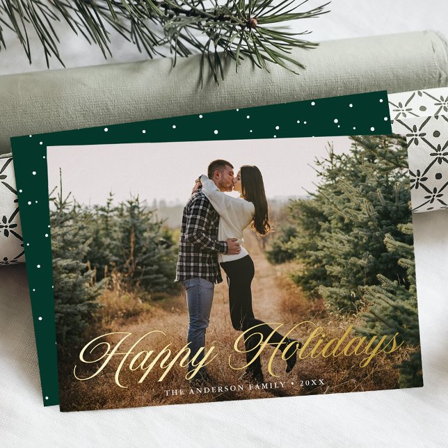Elegant Happy Holidays Calligraphy Green Photo Foil Holiday Card (Creator Uploaded)