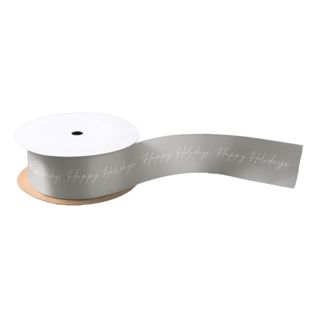 Elegant Happy Holidays Calligraphy Grey Christmas Satin Ribbon (Spool)