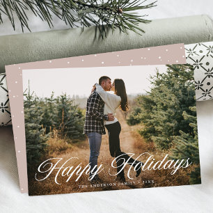 Elegant Happy Holidays Calligraphy Pale Rose Photo Holiday Card