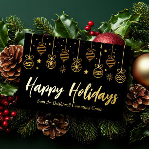 Elegant Happy Holidays Custom Business Black Gold Foil Holiday Card