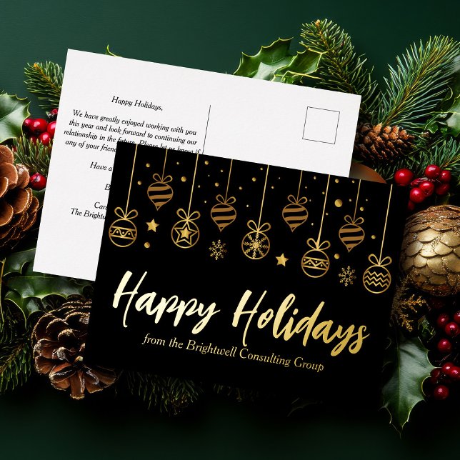 Elegant Happy Holidays Custom Business Black Gold Foil Holiday Postcard (Creator Uploaded)