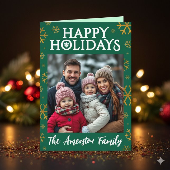 Elegant Happy Holidays Gold Foil Snowflakes Photo Holiday Card (Elegant Happy Holidays Photo Gold Foil Snowflakes Christmas Greeting Card Cover Photo)