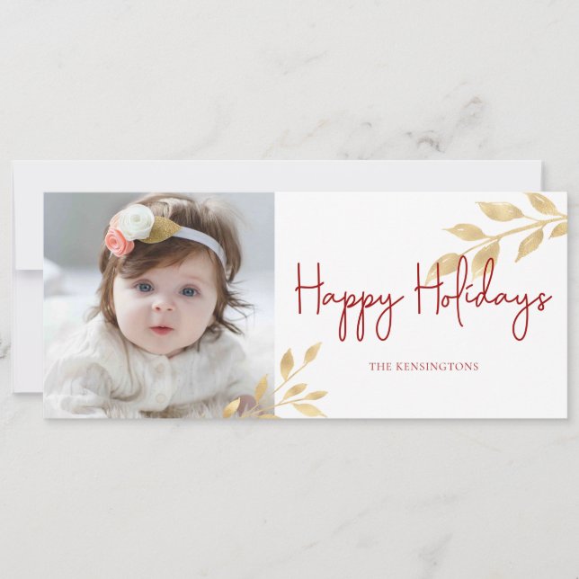 Elegant Happy Holidays Gold Leaf Photo Holiday Card (Front)