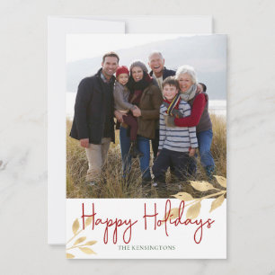 Elegant Happy Holidays Gold Leaves Holiday Photo Card