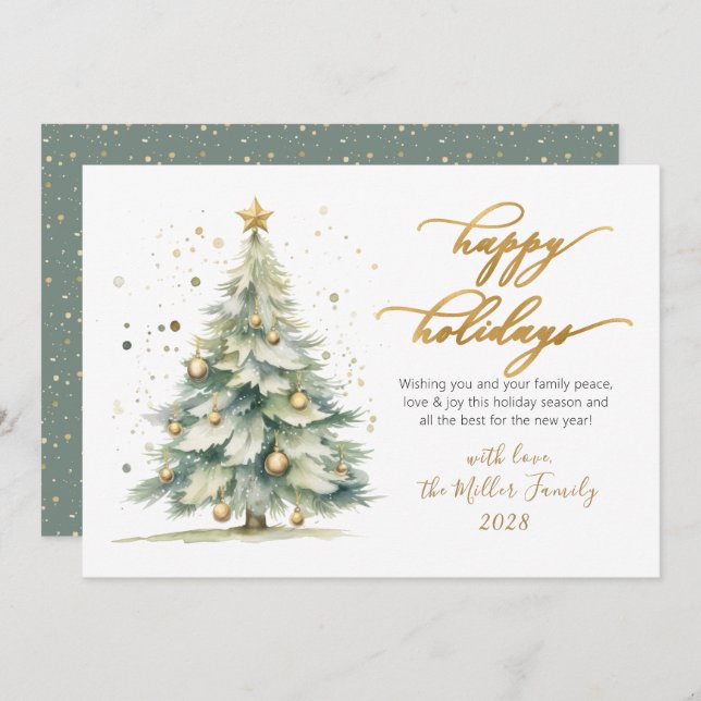Elegant Happy Holidays Gold Script Christmas Tree Holiday Card (Front/Back)