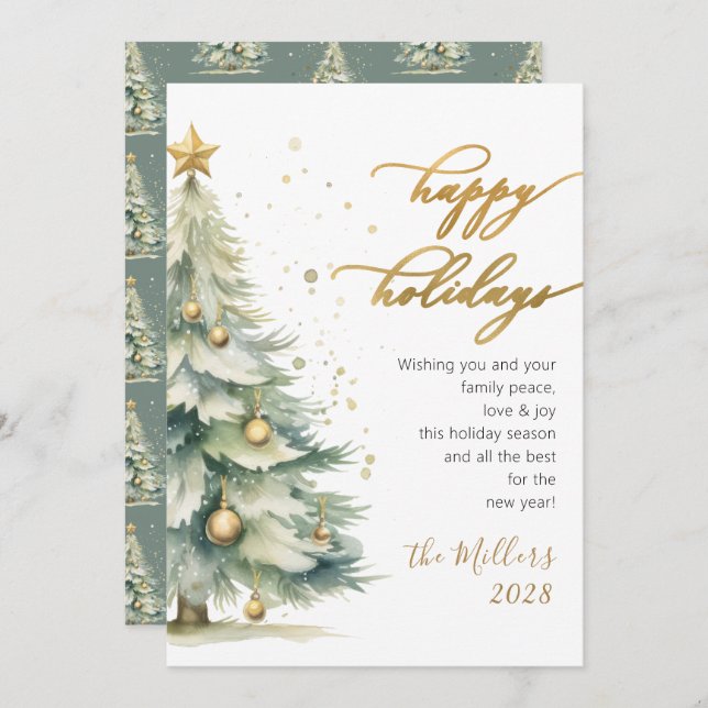 Elegant Happy Holidays Gold Script Christmas Tree Holiday Card (Front/Back)