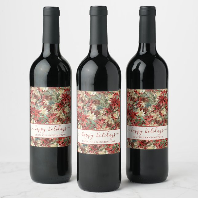Elegant Happy Holidays Poinsettia Christmas Wine Label (Bottles)