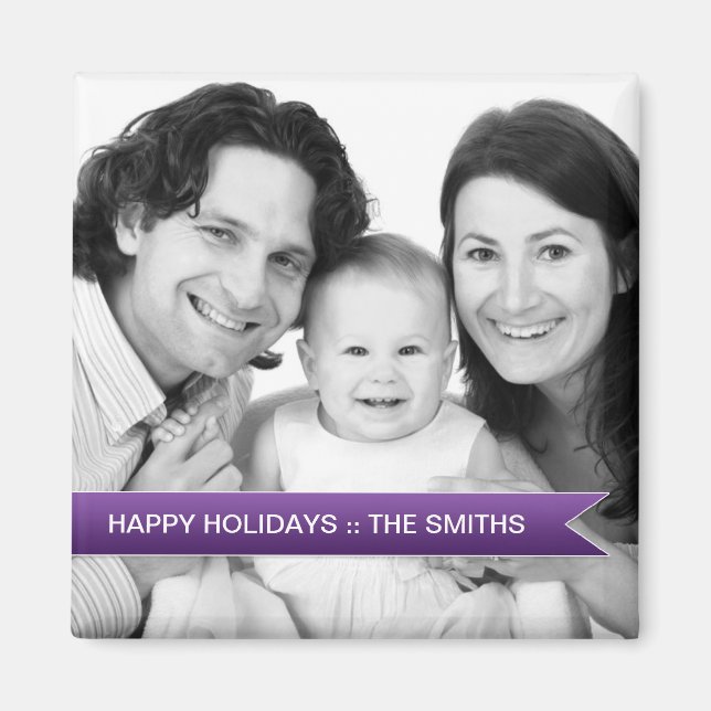 Elegant Happy Holidays Purple Ribbon Family Photo Magnet (Front)