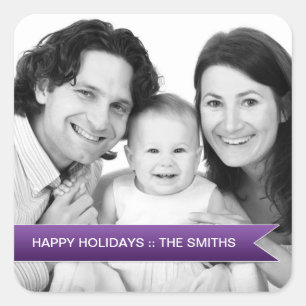 Elegant Happy Holidays Purple Ribbon Family Photo Square Sticker