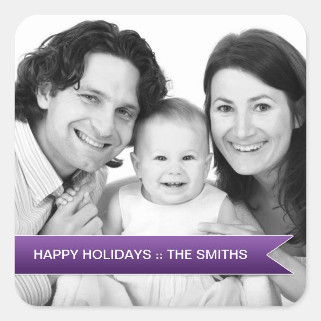 Elegant Happy Holidays Purple Ribbon Family Photo Square Sticker (Front)