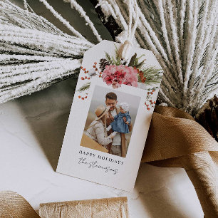 Elegant Happy Holidays Red Floral Photo Favour Gift Tags