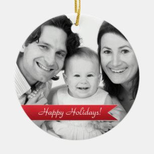 Elegant Happy Holidays Red Ribbon Family Photo Ceramic Tree Decoration