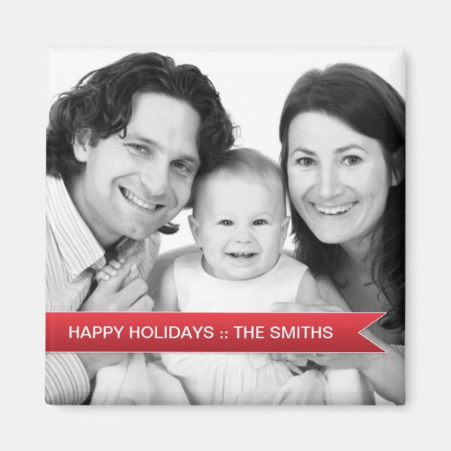 Elegant Happy Holidays Red Ribbon Family Photo Magnet (Front)