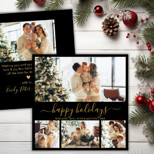 Elegant Happy Holidays Script Black Gold 5 Photo Holiday Card