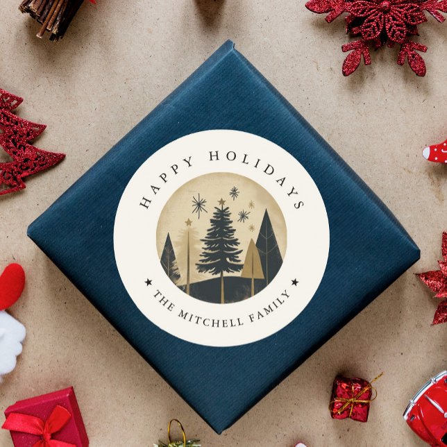 Elegant HAPPY HOLIDAYS Warm Gold Pine Forest Classic Round Sticker (Creator Uploaded)