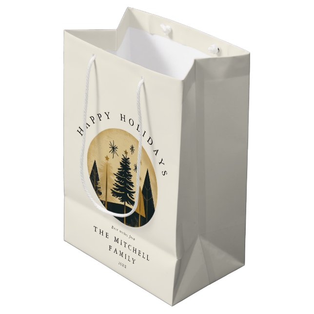 Elegant Happy Holidays Warm Gold Pine Forest  Medium Gift Bag (Front Angled)