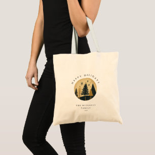 Elegant Happy Holidays Warm Gold Pine Forest Tote Bag