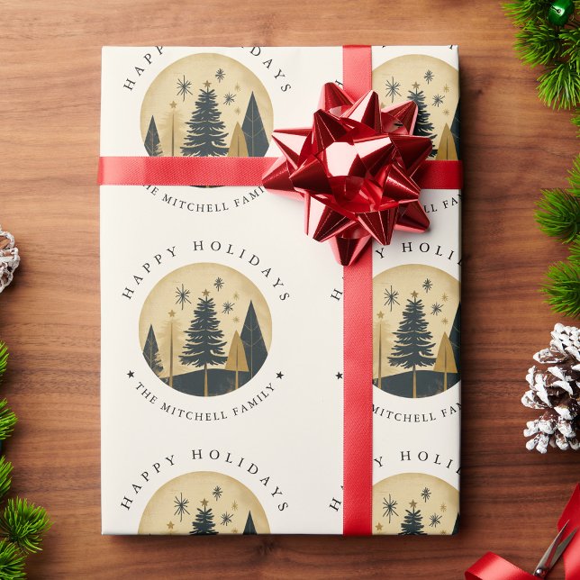 Elegant HAPPY HOLIDAYS Warm Gold Pine Forest Wrapping Paper (Creator Uploaded)