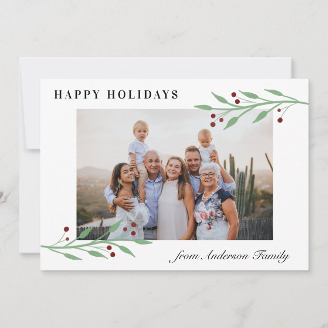 Elegant Happy Holidays Watercolor Cherry Photo Holiday Card (Front)