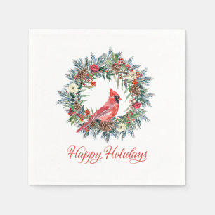 Elegant Happy Holidays Wreath Red Cardinal Napkin