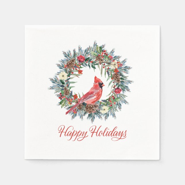 Elegant Happy Holidays Wreath Red Cardinal Napkin (Front)