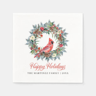 Elegant Happy Holidays Wreath Red Cardinal Napkin