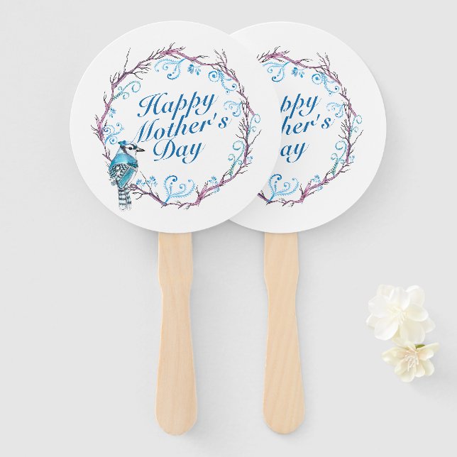 Elegant Happy Mother's Day Blue Wreath Hand Fan (Front and Back)