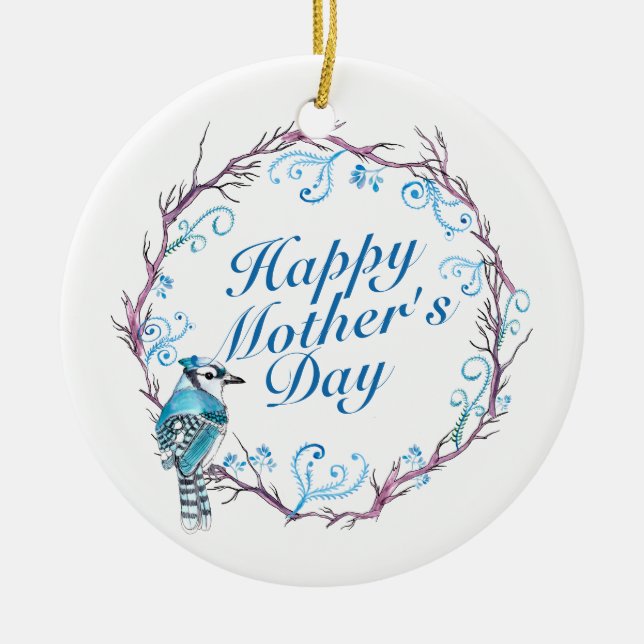 Elegant Happy Mother's Day Blue Wreath Ornament (Front)