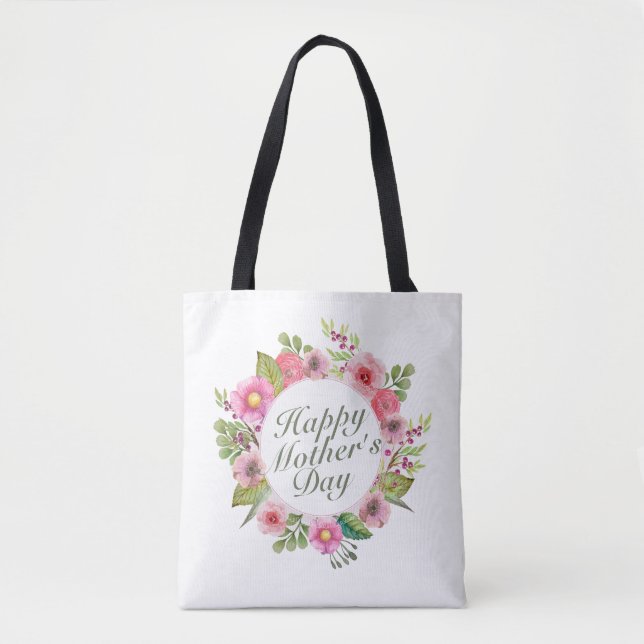 Elegant Happy Mother's Day Floral Frame Tote Bag (Front)