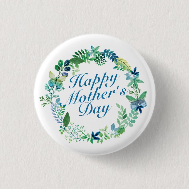 Elegant Happy Mother's Day Floral Wreath Button (Front)