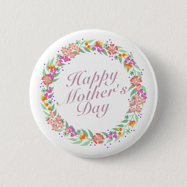 Elegant Happy Mother's Day Floral Wreath Button (Front)