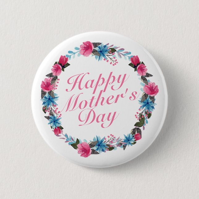 Elegant Happy Mother's Day Floral Wreath Button (Front)