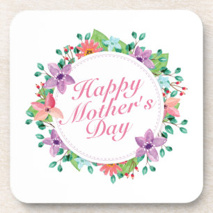 Elegant Happy Mother's Day Floral Wreath Coaster