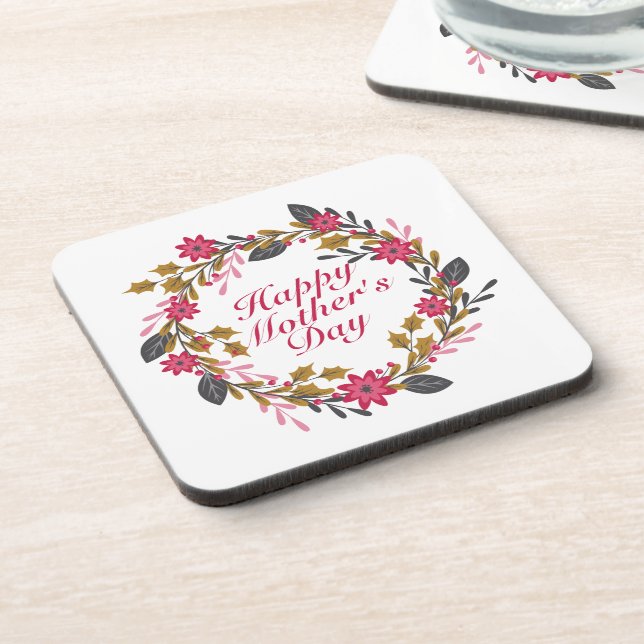 Elegant Happy Mother's Day Floral Wreath Coaster (Left Side)