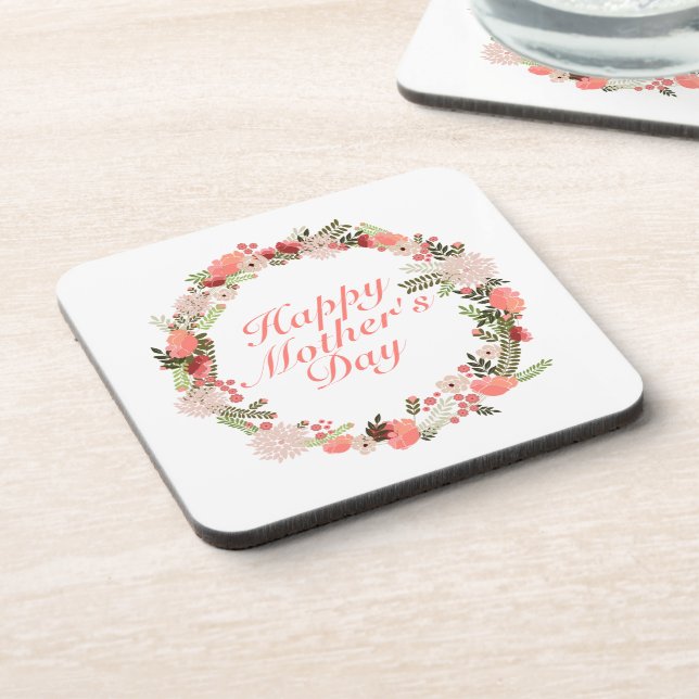 Elegant Happy Mother's Day Floral Wreath Coaster (Left Side)