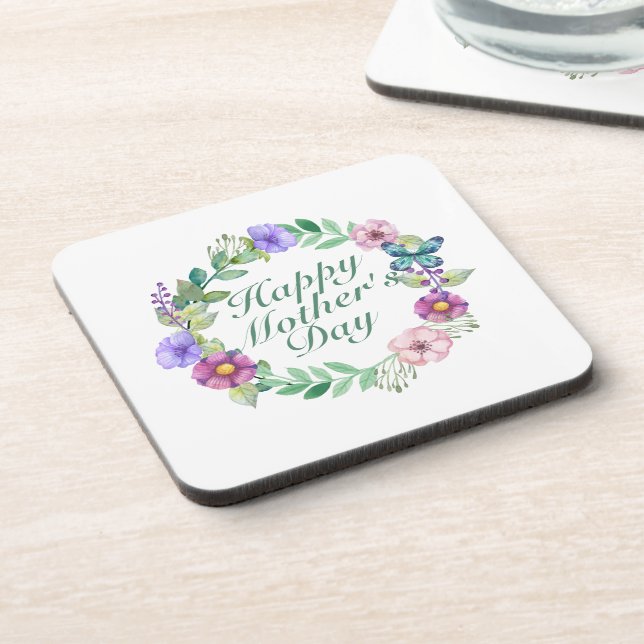 Elegant Happy Mother's Day Floral Wreath Coaster (Left Side)